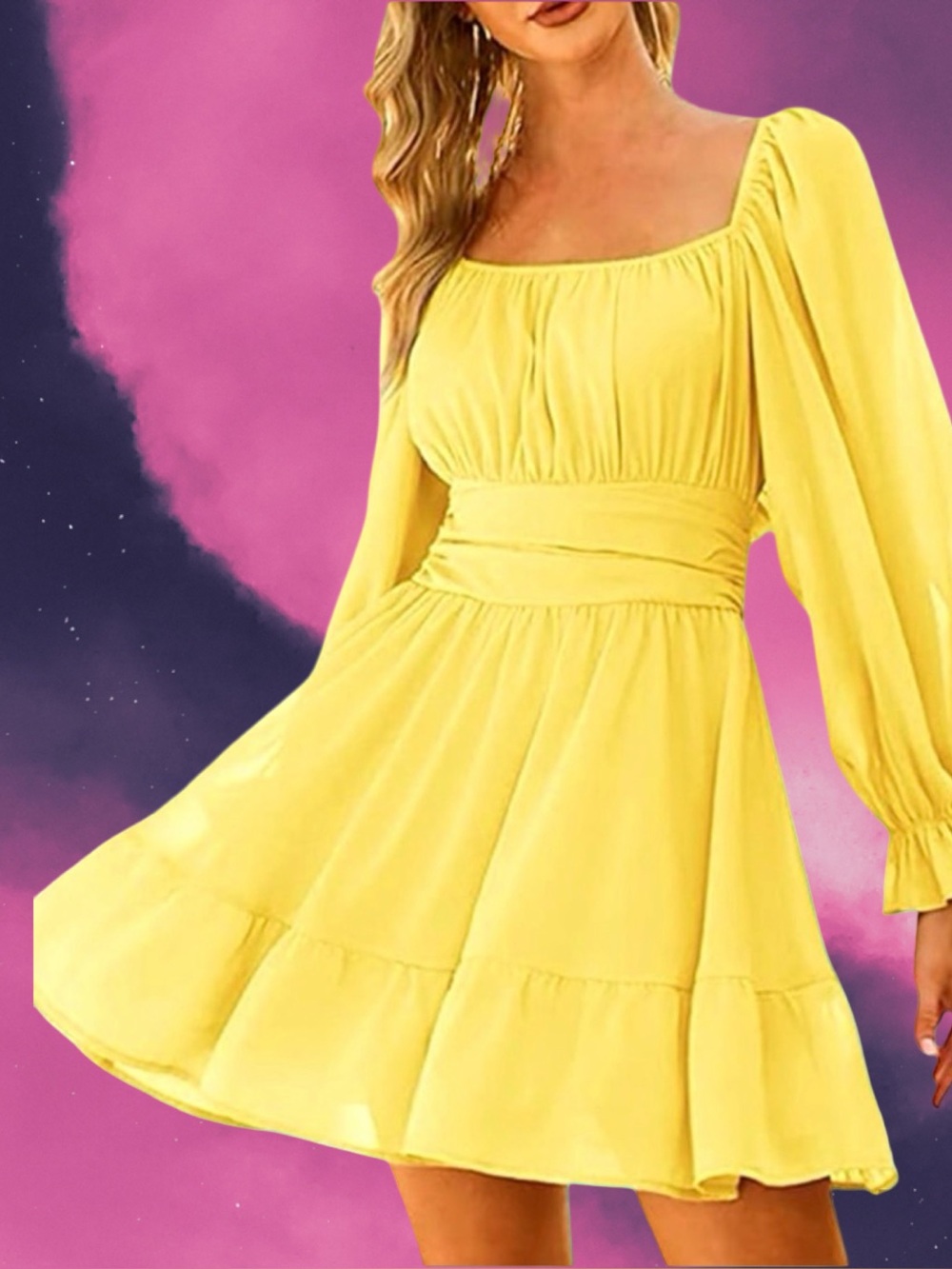 🆕Amazon Women’s plus-size Bright Yellow Smocked Long-sleeve Mini Dress💜💜3X